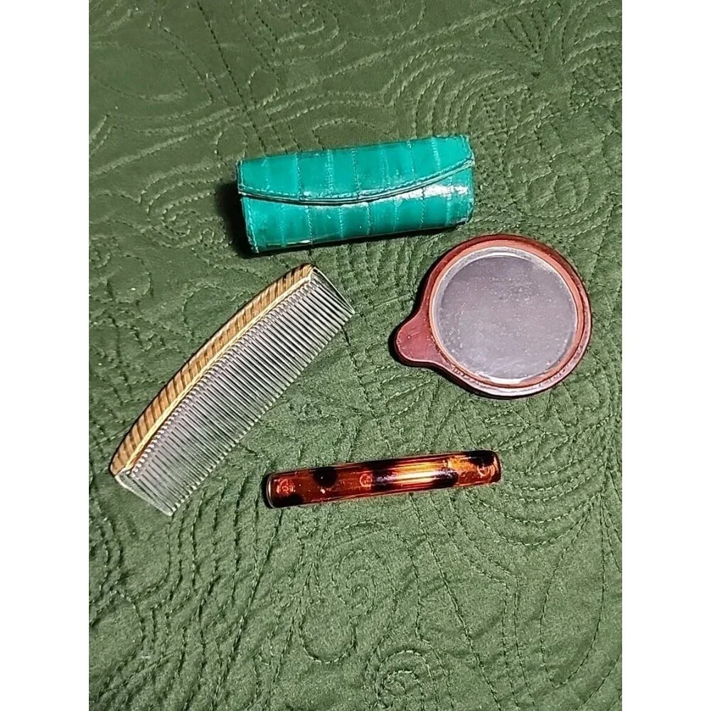 Vintage Purse Essentials Comb EEL Leather Lipstick Case Wood Framed Mirror Barre